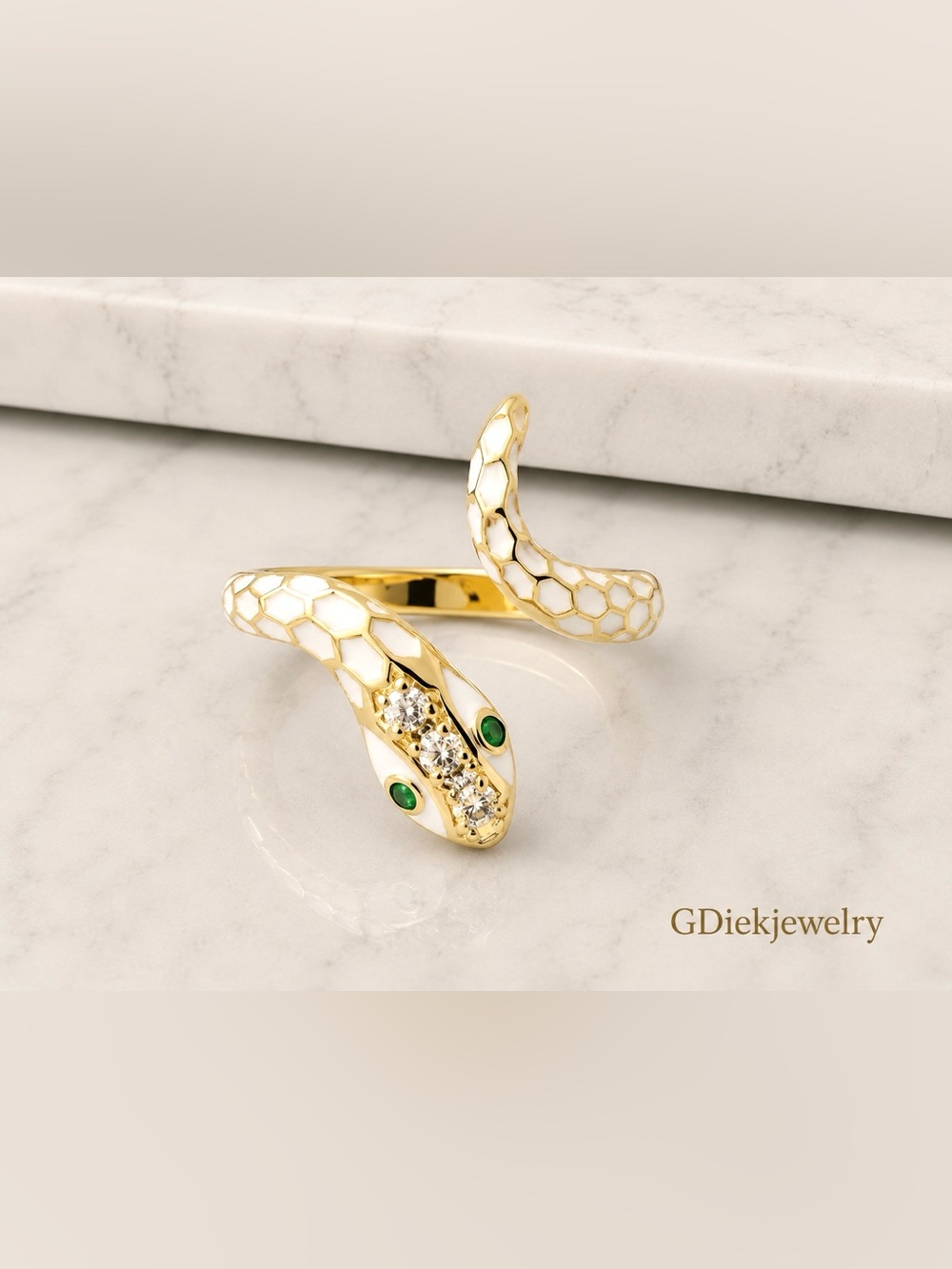 Goldfilled , Gold & White Snake Wrap Ring with Green Stone Eyes